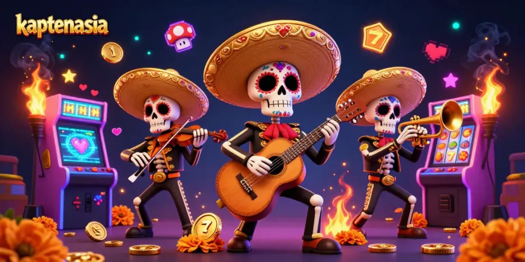 Kaptenasia showcases online slots excitement with a vibrant mariachis scene and arcade gaming elements.