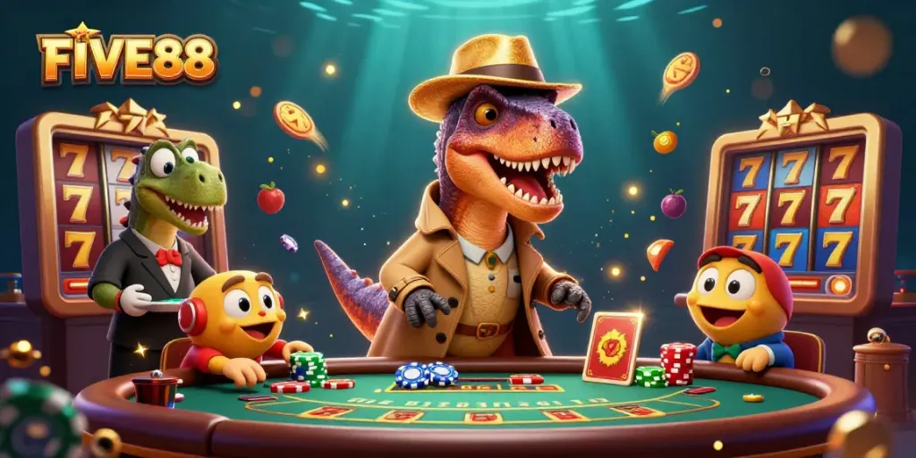 Engage in thrilling gameplay at FIVE88 with colorful slot reels and dynamic characters.