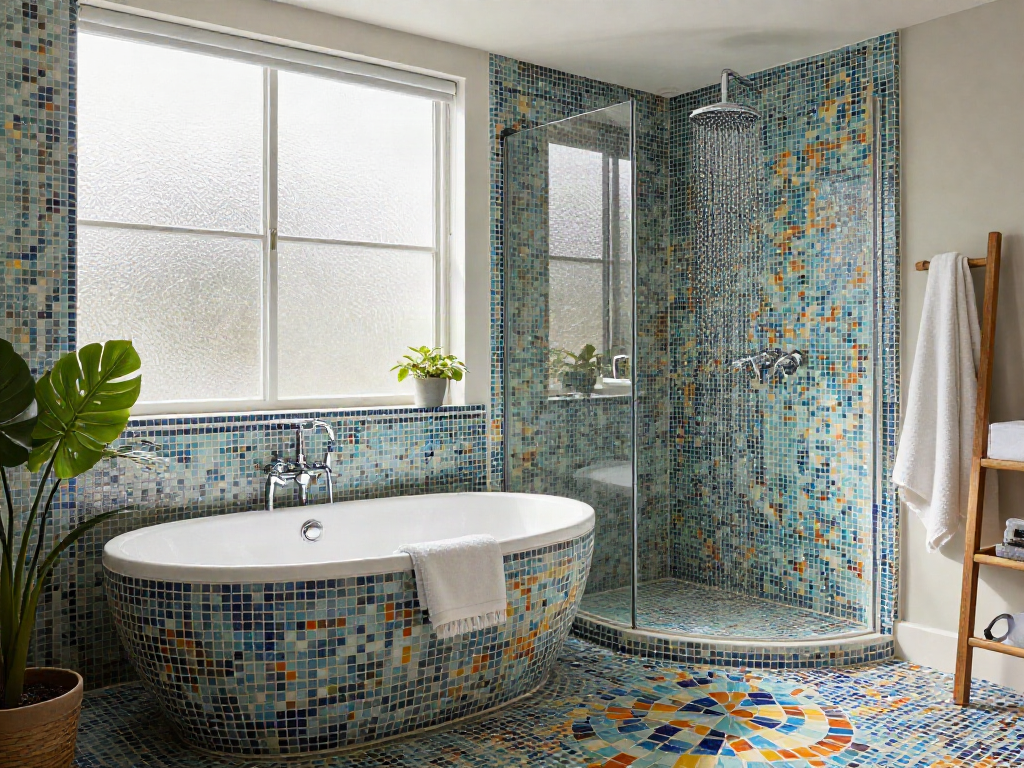 Mosaic tiles sydney beautifully adorn a modern bathroom featuring a freestanding tub and vibrant decor.