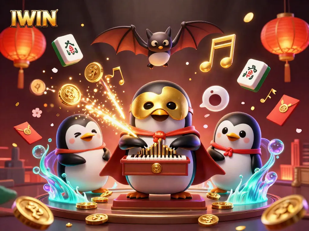 IWIN engages players with a vibrant casino-themed scene featuring cartoon characters and golden elements.