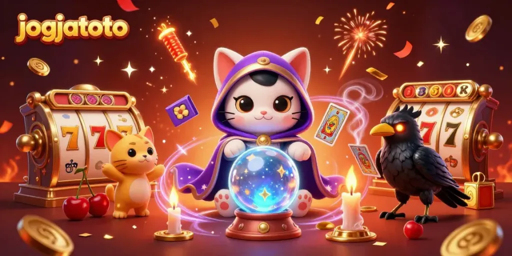 Experience the magic of jogjatoto casino with a charming fortune teller cat, vibrant slot elements, and exciting atmosphere.