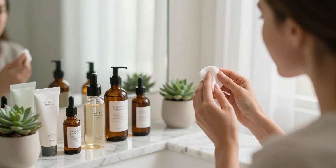 Applying Balance and Refresh Toner in a serene bathroom ambiance during a skincare routine.