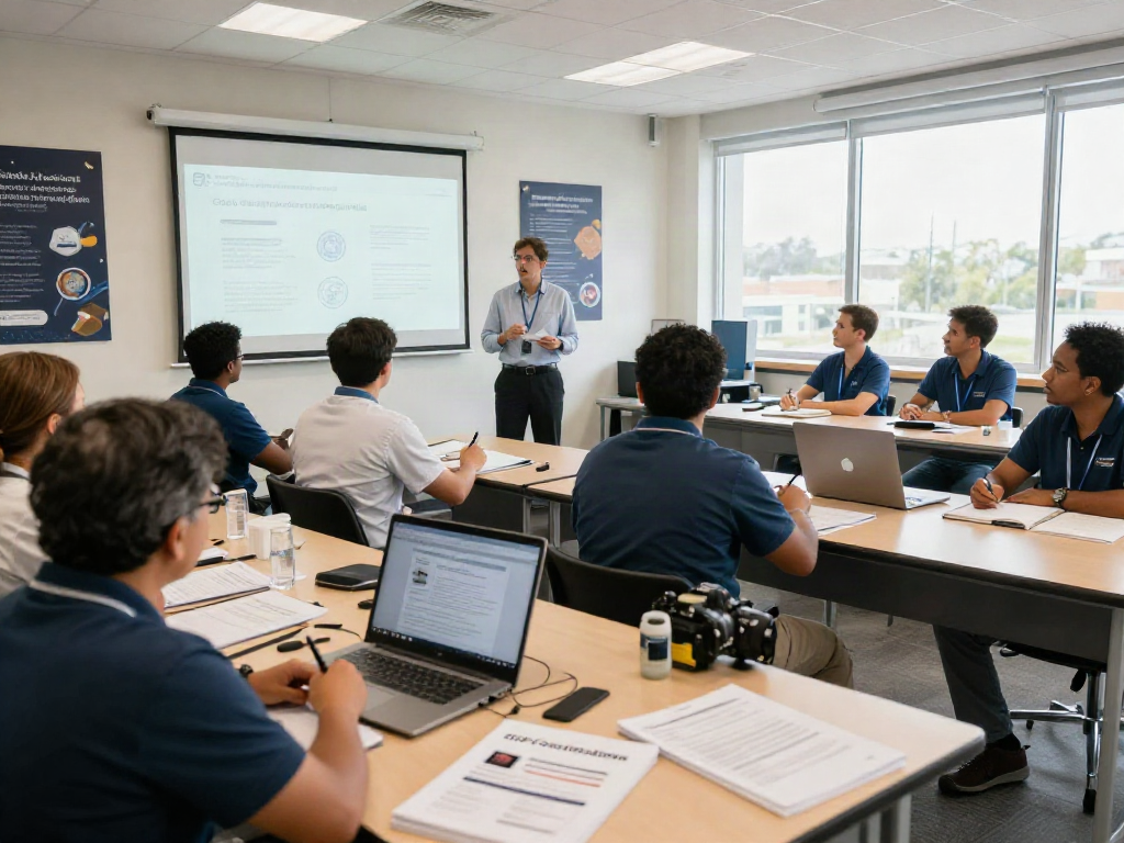 CSP Certification training class with engaged professionals learning safety management in a bright classroom.