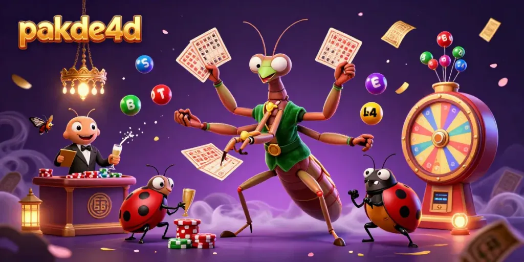 Experience excitement with pakde4d as a giant mantis card sharp and his ladybug companion manage lottery draws in a vibrant casino scene.