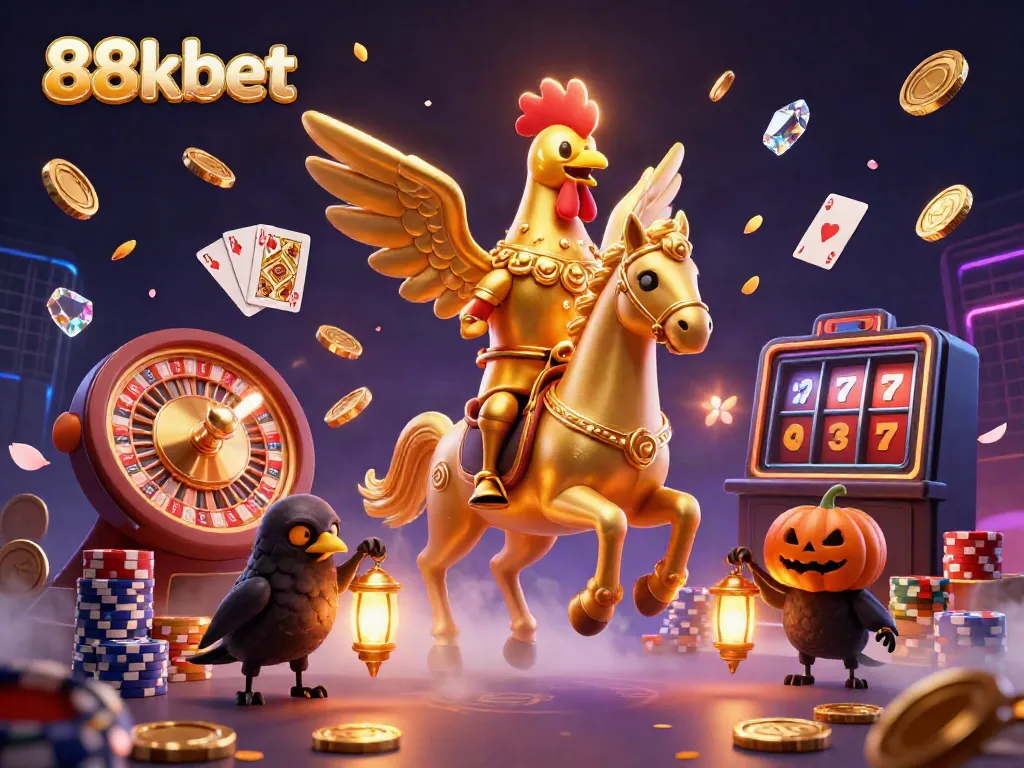Experience the excitement of 88kbet with a golden rooster and casino elements in a dynamic 3D scene.