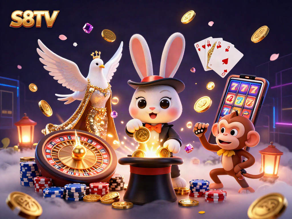 S8TV showcases a thrilling 3D casino scene featuring a magician rabbit, dove, and monkey with coins and poker chips.