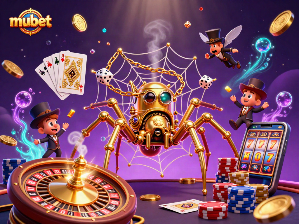 Experience mubet excitement with a lively steampunk spider capturing lucky dice amidst casino elements.