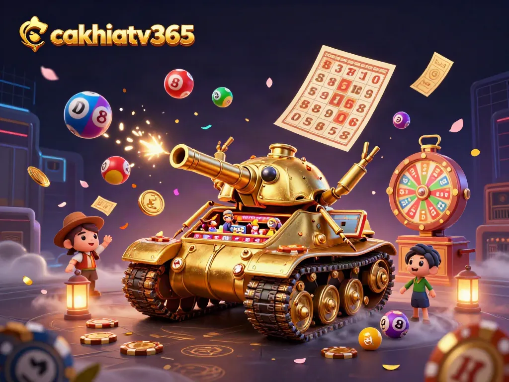 Engage with exciting casino elements at cakhiatv365 featuring a massive golden tank casino scene.