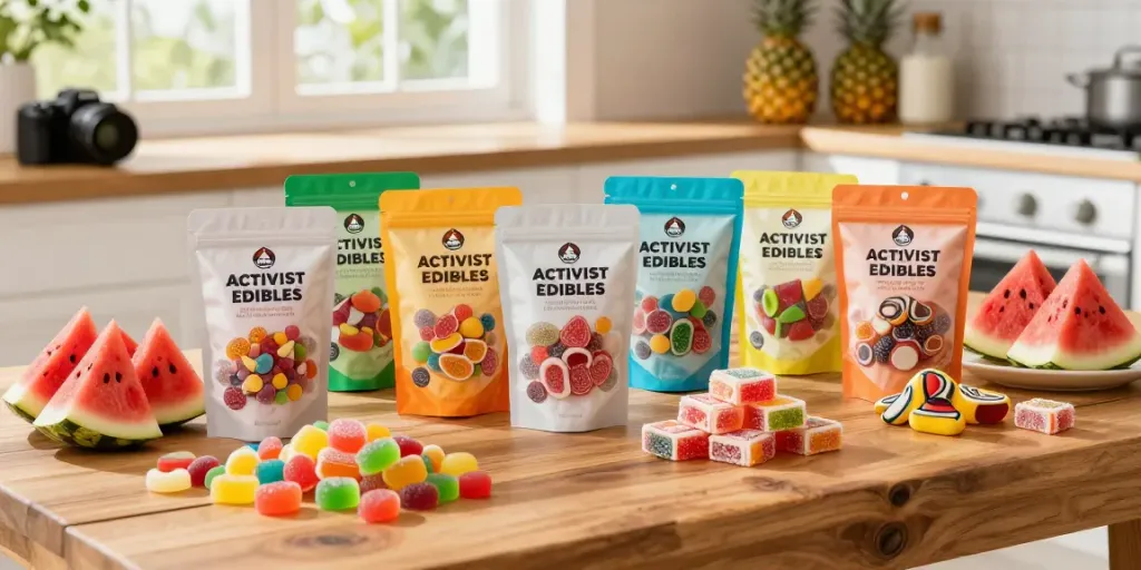 Premium Activist Edibles gummy treats displayed in a bright kitchen.