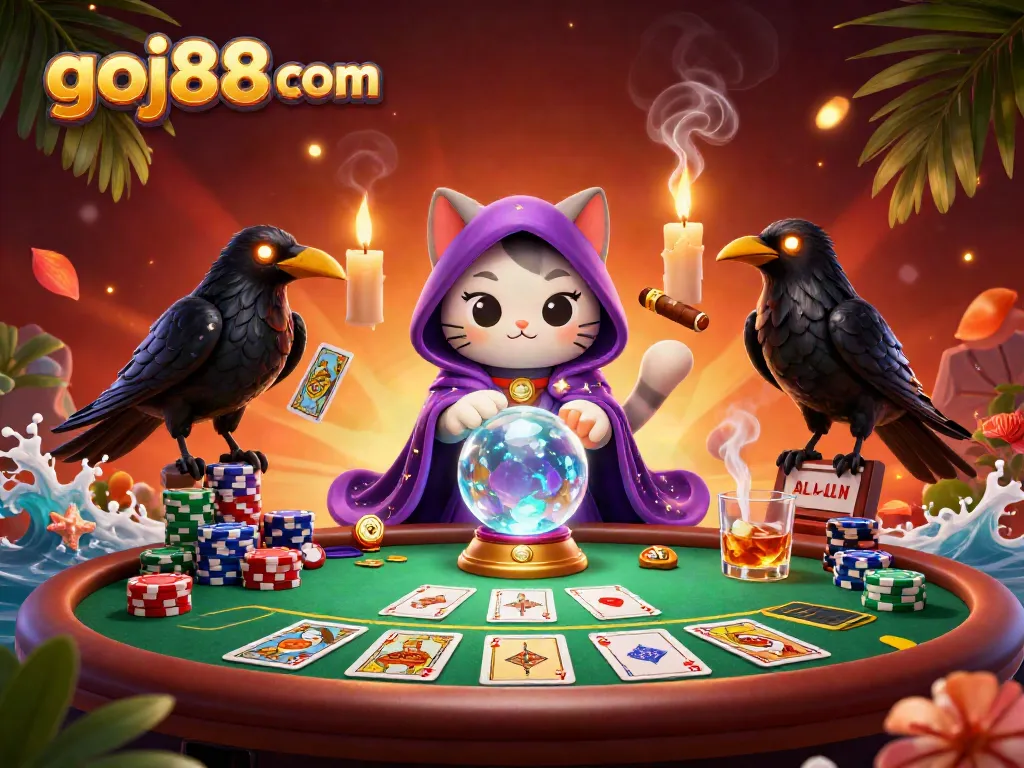 Engage with thrilling gaming experiences at goj88 com, where a mystic cat and raven lead you through a vibrant casino scene.