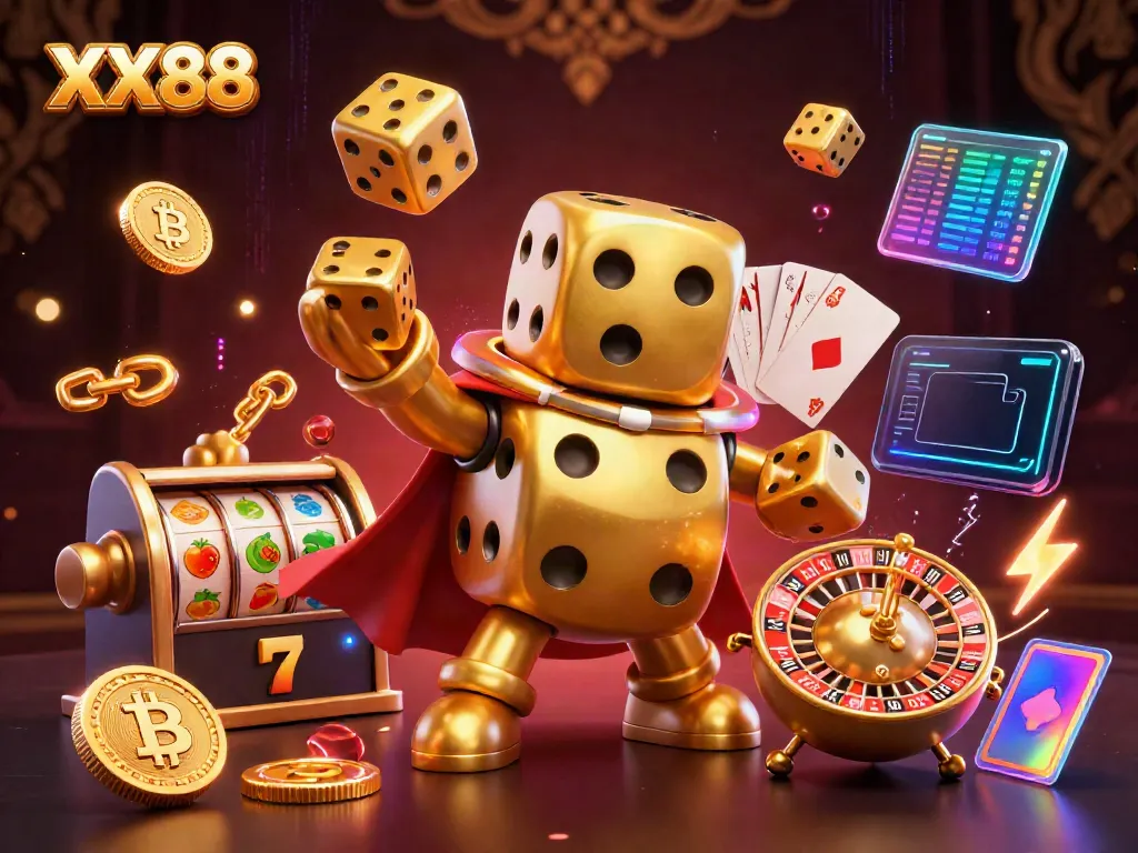 Engage in thrilling casino action with XX88, featuring a playful golden dice golem amid vibrant gaming elements.