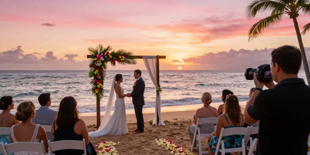 Oahu wedding photographer capturing a couple's sunset beach vows surrounded by guests.