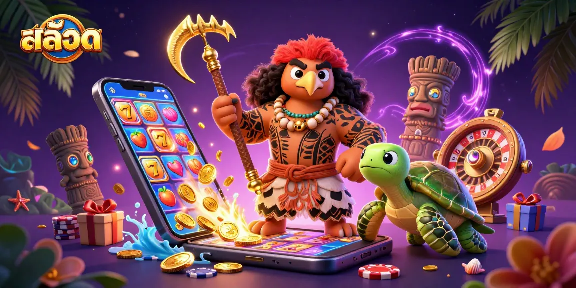 Engage in thrilling สล็อต action with a vibrant 3D scene featuring a Maui-style demigod and exciting slot game elements.