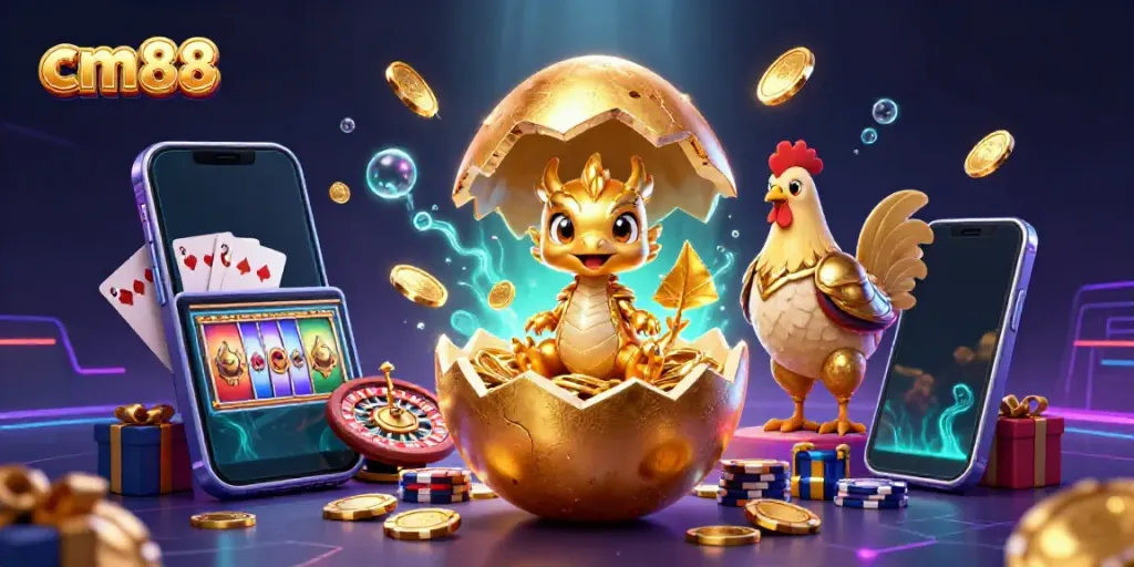 Experience cm88's exciting world as a golden dragon emerges from a nest of poker chips, surrounded by vibrant casino imagery.