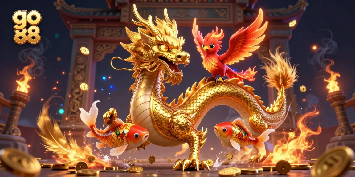 Win at go 88 with a fierce dragon and phoenix in a vibrant casino scene of excitement.