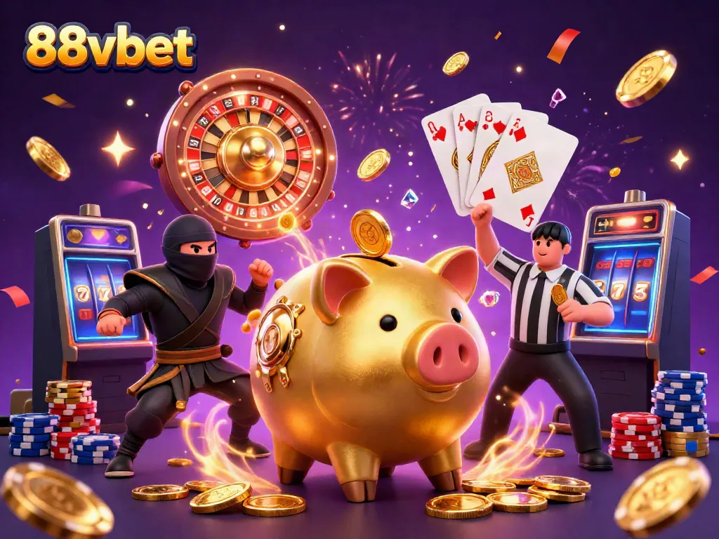 Experience the fun at 88vbet with an energetic scene featuring a piggy bank sumo wrestler, coins, and gems.