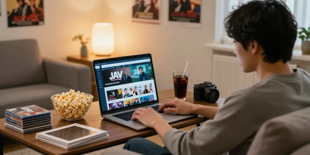 Enjoying JAV Sub Indo on a laptop with snacks in a cozy living room atmosphere.