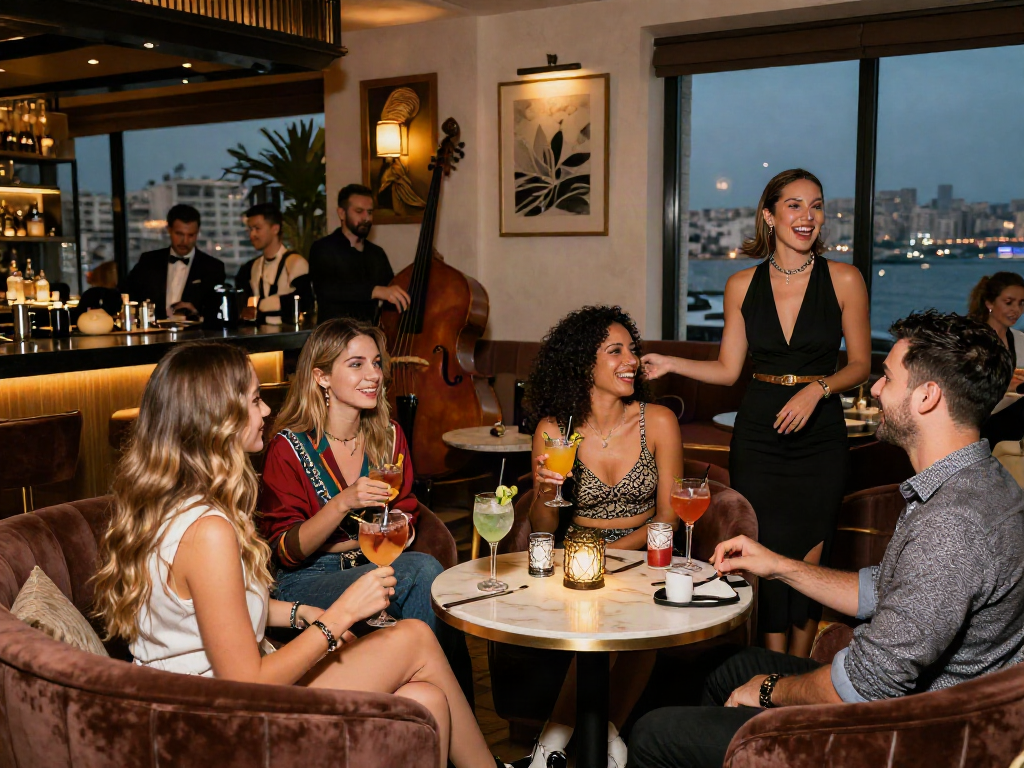 Antalya Ucuz Escort enjoying a lively conversation in an upscale lounge, showcasing a vibrant nightlife atmosphere.