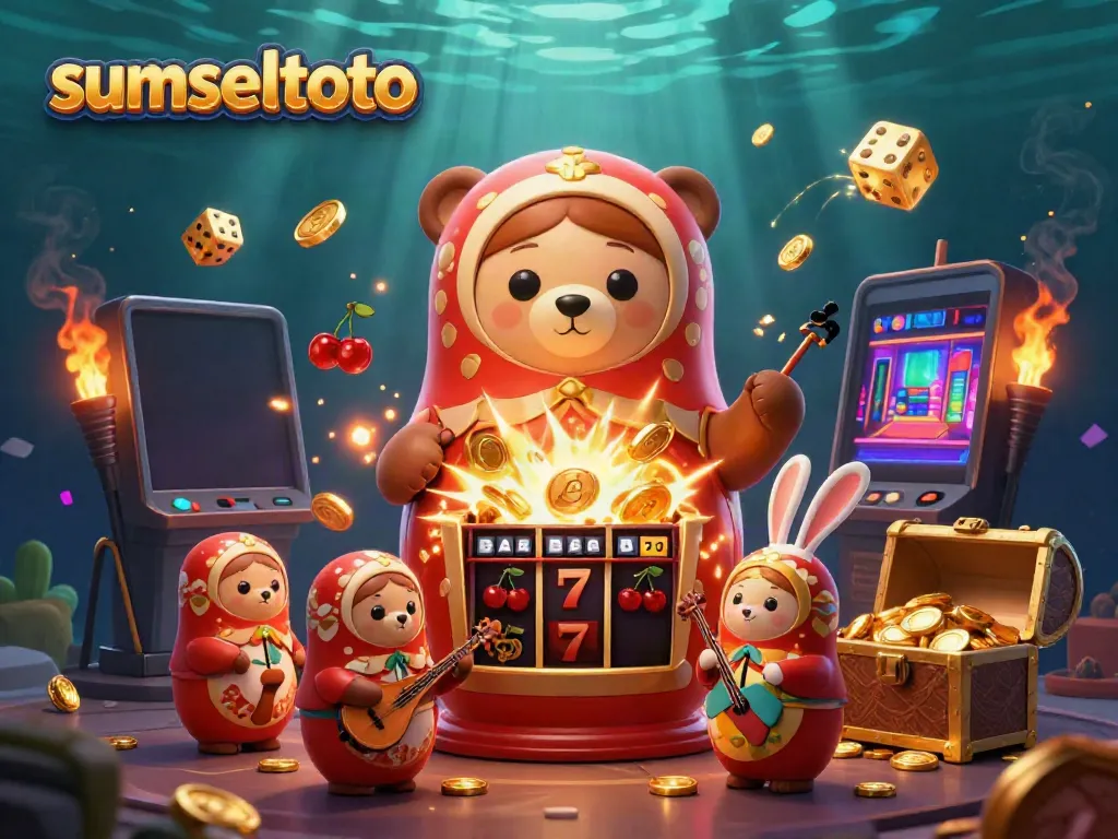Sumseltoto jackpot illustration showcasing cartoon bears and a vibrant casino atmosphere.