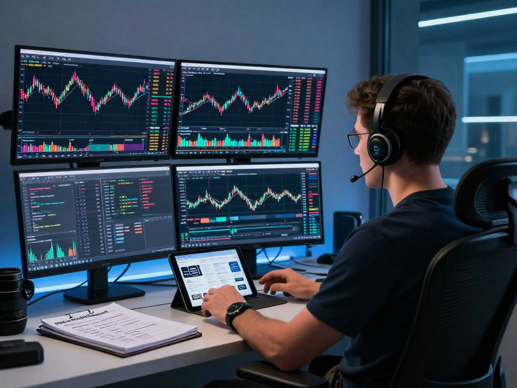 交易者专注于MetaTrader 5的多监视器设置，展示市场分析和深度行情