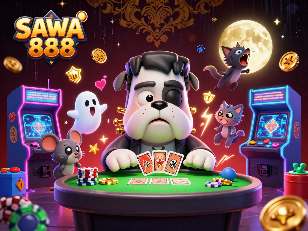 Engage in thrilling card dealing with SAWA 888 at a spooky casino table led by a cartoon dog monster.