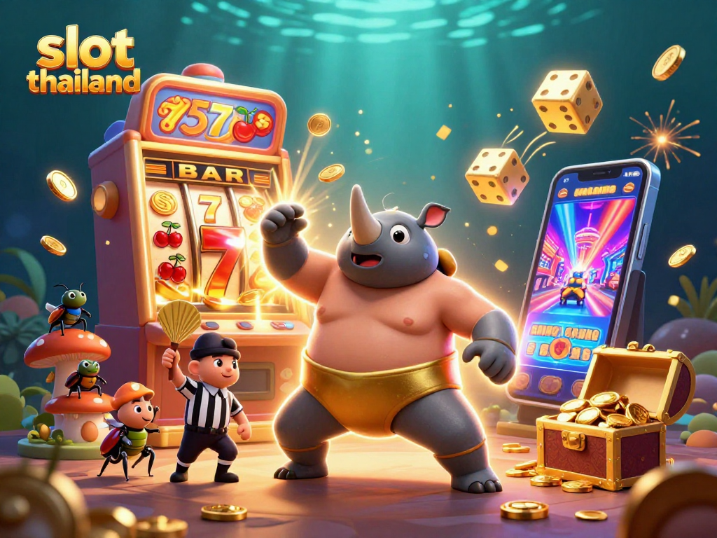 Experience slot thailand excitement with a dynamic scene featuring a sumo beetle champion and a jackpot-filled slot machine.