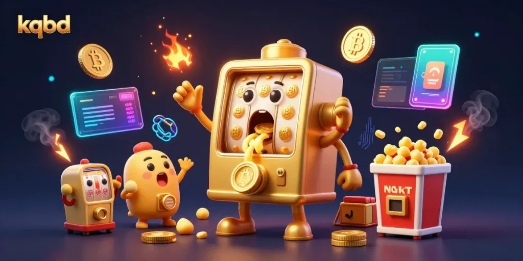 Spin the reels on kqbd with a lively golden slot machine celebrating a jackpot amid glowing crypto coins.