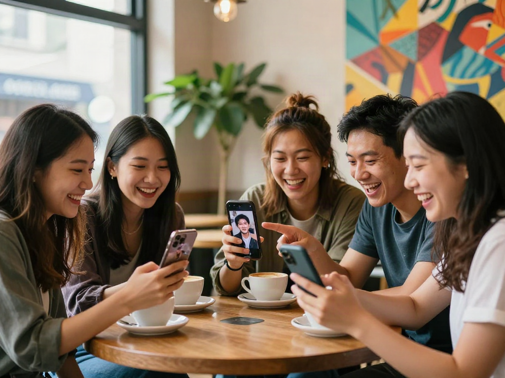 Friends in café comparing celebrity look-alikes on smartphones, showcasing fun ways to discover who celebrities look alike.