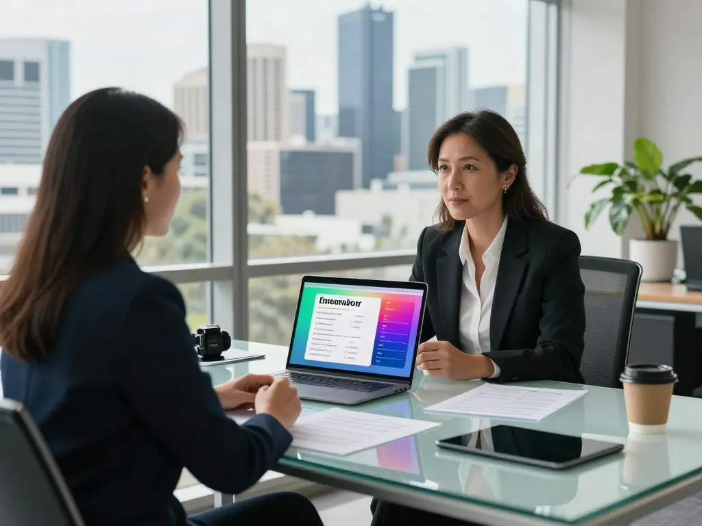 Finance Broker in Brisbane consulting with a client about loan options, showcasing professionalism in a modern office.