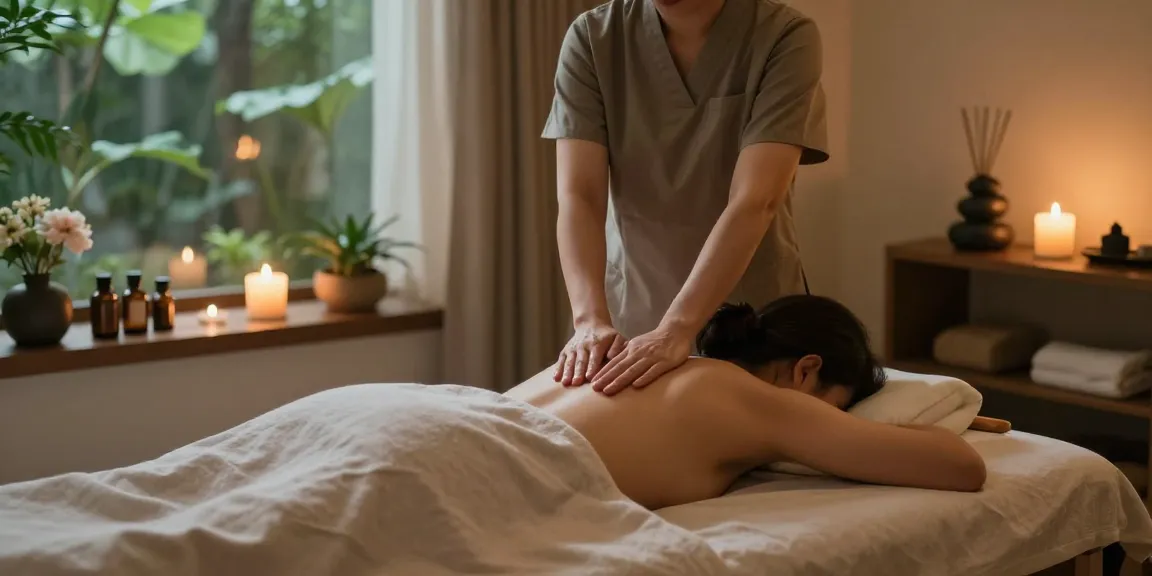 Relaxing 서울출장마사지 in a serene spa setting with soothing ambiance and candles.