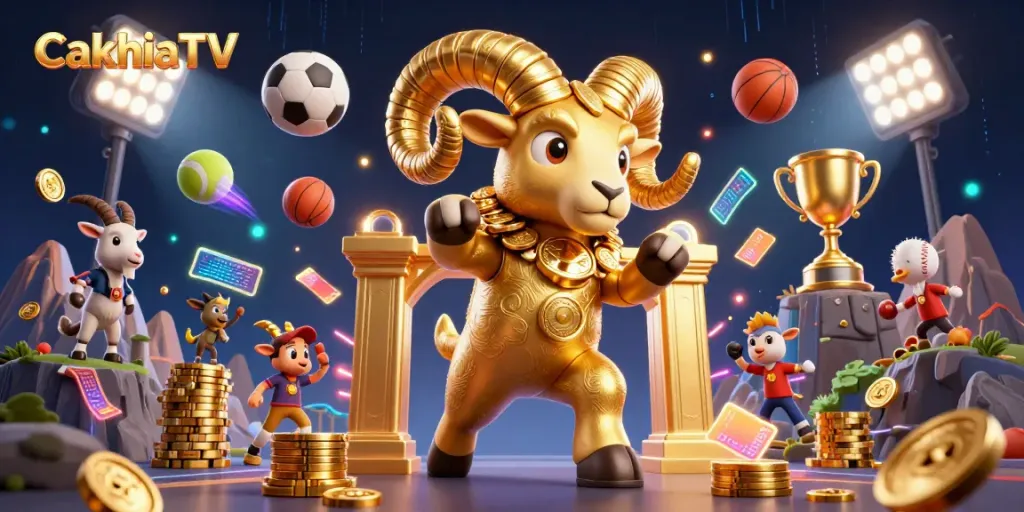 CakhiaTV showcases exciting sports action with a golden ram, balls, and dynamic energy.