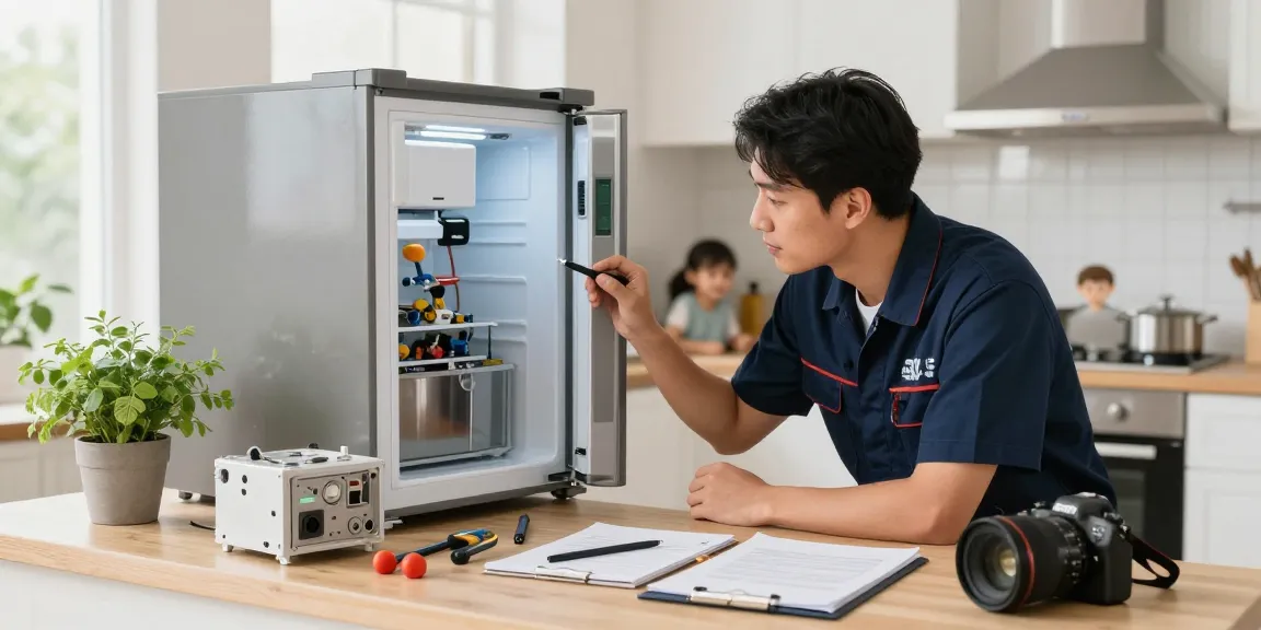 Fridge repair technician diagnosing appliance issues in a bright kitchen, showcasing professional fridge repair.