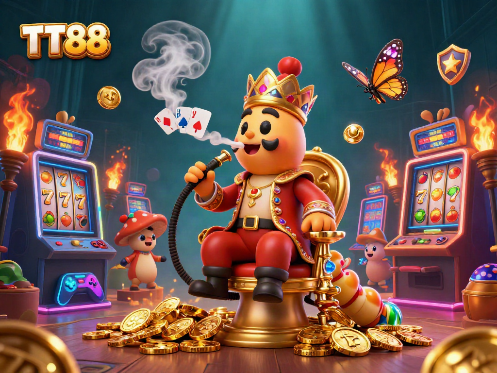 Engage with TT88's thrilling slot games featuring colorful 3D machines and a whimsical caterpillar master.