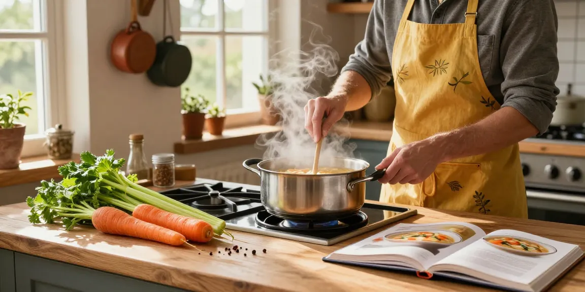 Eine köstliche Klare Suppe in einer gemütlichen Küche mit frischem Gemüse und Dampf, der aus dem Topf aufsteigt.