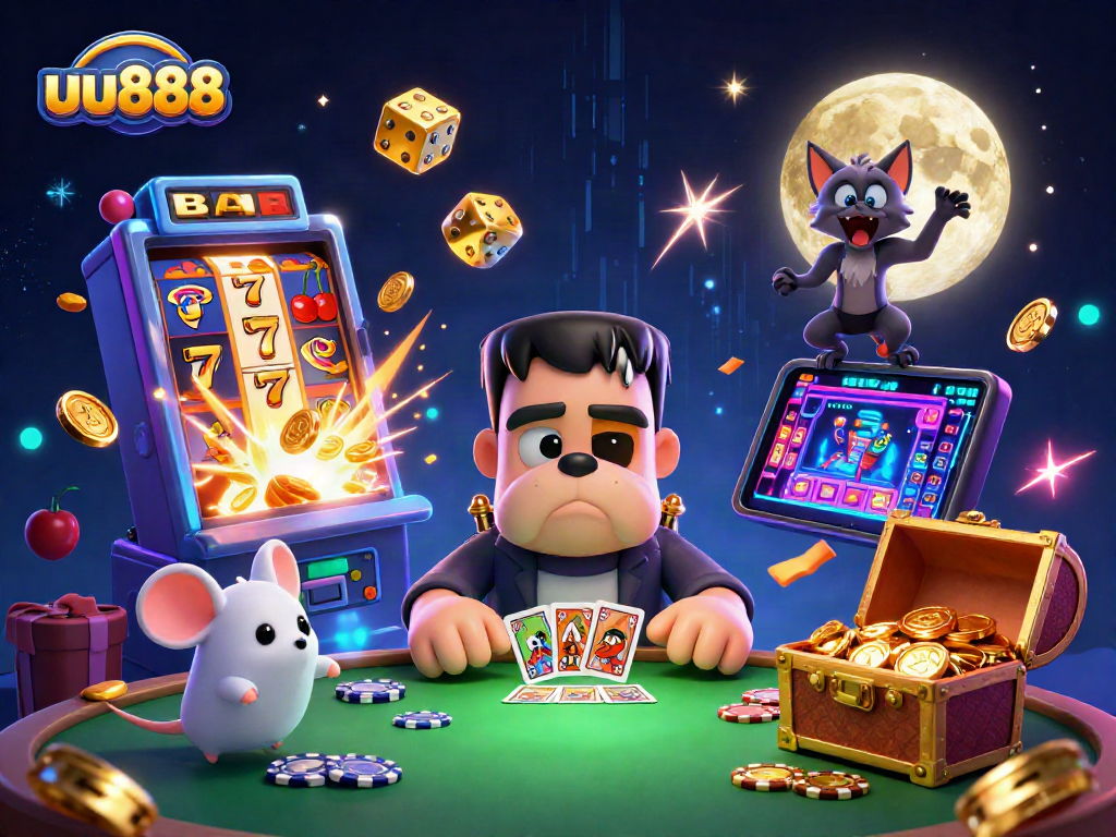 Engage with uu888's thrilling atmosphere featuring a spooky casino scene with lively characters.