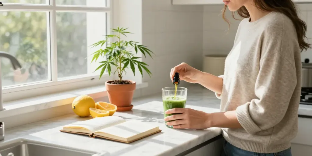 Canyon Leaf CBD oil added to a green smoothie in a bright wellness kitchen, showcasing natural health elements and morning light.