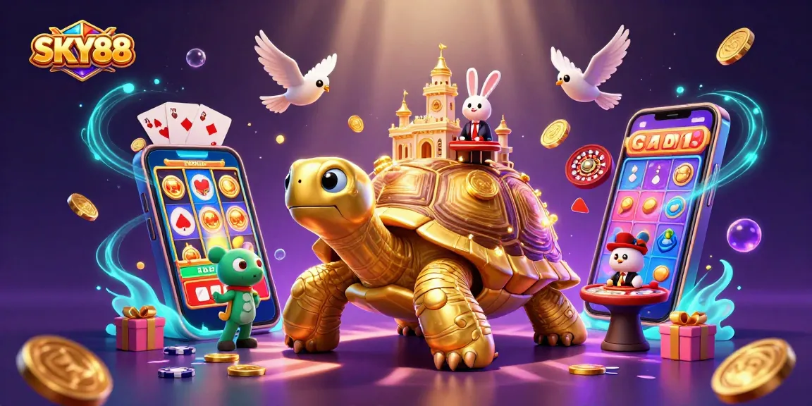 Experience thrilling gaming at SKY88 with a vibrant 3D scene of a tortoise casino and golden coins cascading.
