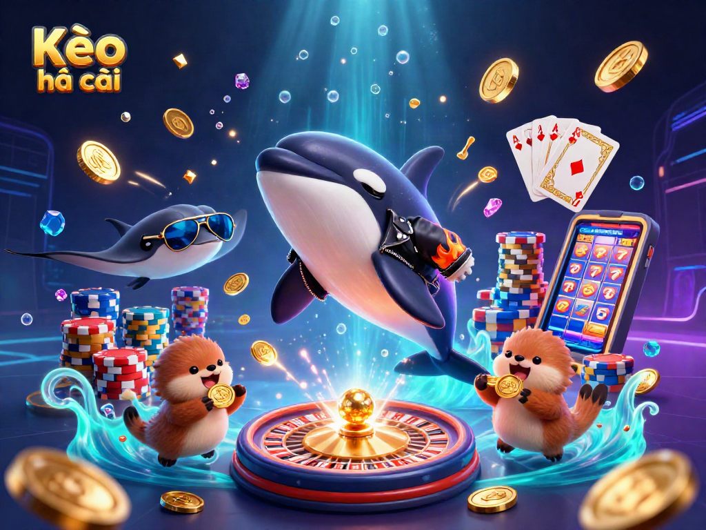 Kèo nhà cái showcases a lively underwater casino scene with an orca, stingray, and otter family collecting gold.