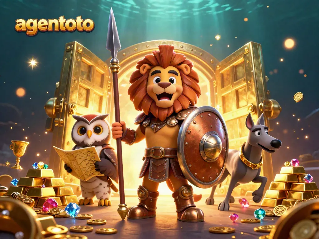 Experience thrilling wins with agentoto in an exciting casino scene featuring vibrant characters and treasures.