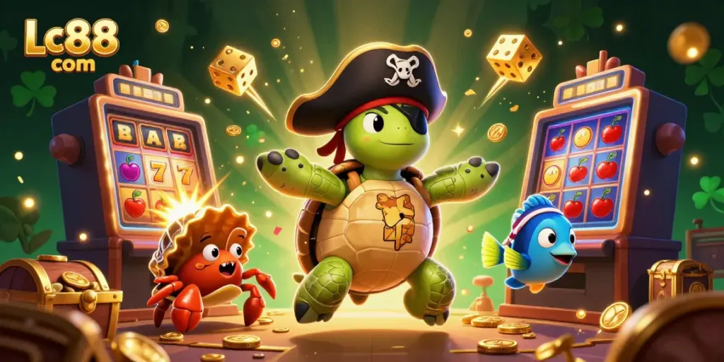 Engage with Lc88 com while a pirate turtle discovers rich gaming treasures in a vibrant casino scene.