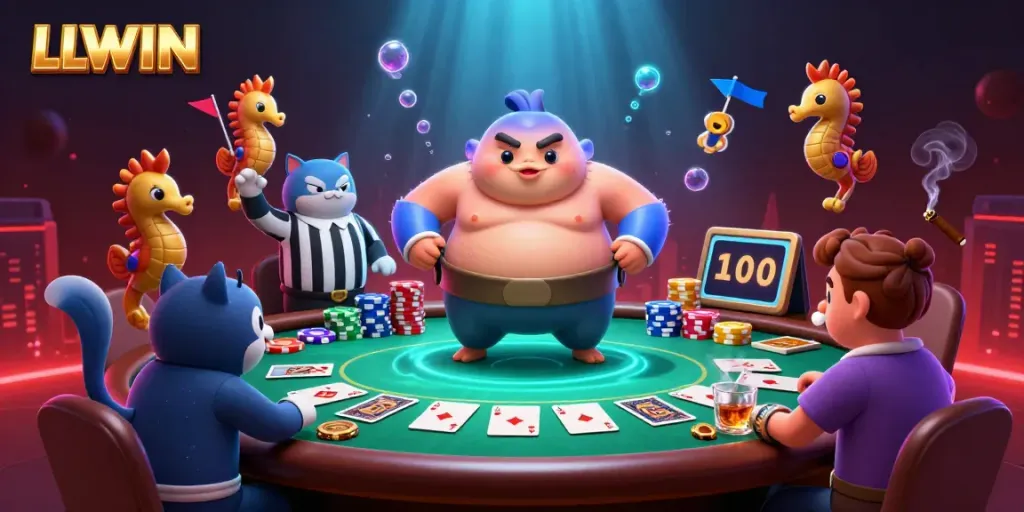Experience LLWIN excitement with a vibrant underwater poker scene featuring dynamic game elements and animated characters.