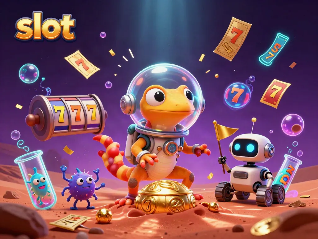 Engaging visual of a Martian gecko discovering a golden slot casino, surrounded by dynamic gaming elements.