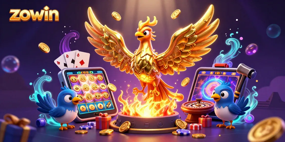 Experience thrilling gameplay at zowin with a vibrant 3D illustration of a molten phoenix and casino elements.