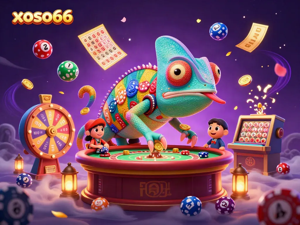 Join the excitement with xoso66 as a colorful chameleon owner delights in winning vibrant casino games.