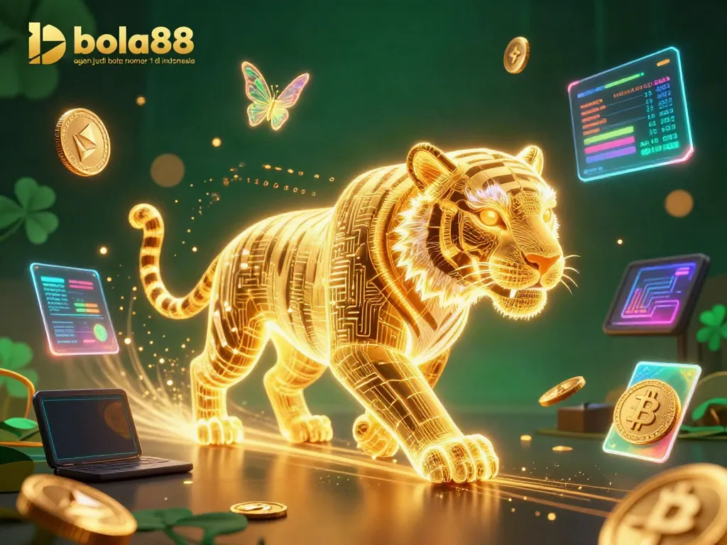 Engage with bola88 agen judi bola nomor 1 di indonesia in a vibrant digital casino scene featuring a neon tiger and crypto elements.
