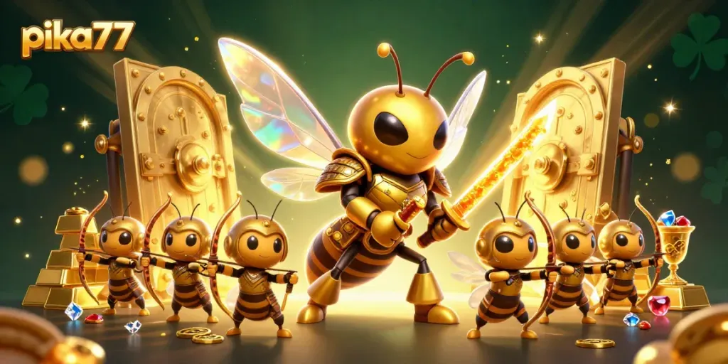 Pika77 unleashes excitement in a vibrant casino scene filled with treasures and adventure.