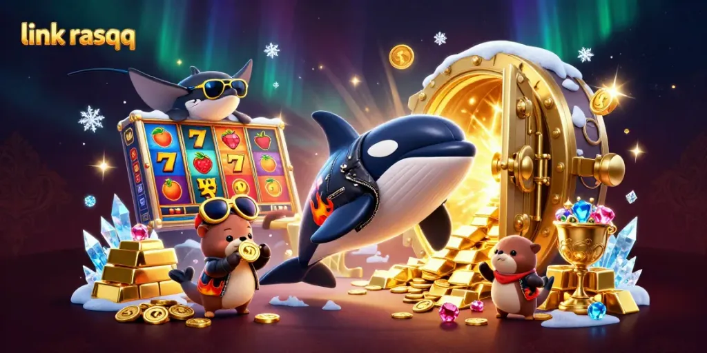 Engage with exciting games on link rasqq, featuring a lively scene with whimsical sea creatures, jackpot symbols, and treasures.