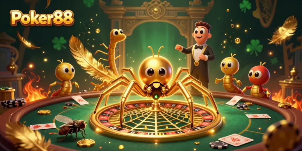 Experience Poker88's thrilling gameplay as a cartoon spider spins a roulette wheel web with animated characters.