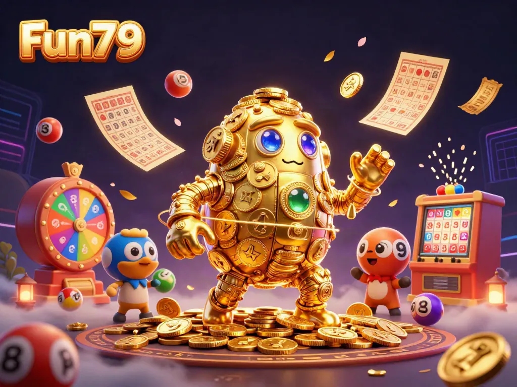 Experience the vibrant world of Fun79 with an intricate gold golem and dynamic casino elements.