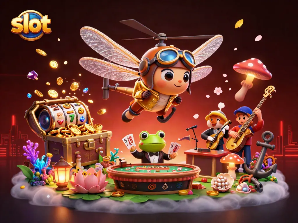 Spin the slot reels with cartoon characters featuring a dragonfly pilot and jazz band in a vibrant casino scene.